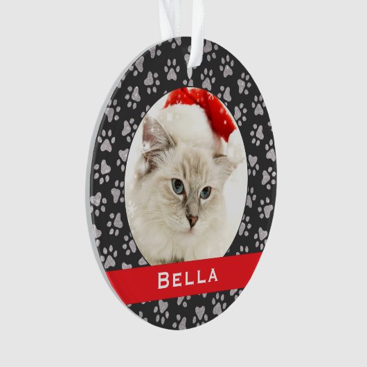 Silver Pet Paw Prints Red Custom Cat Name Foto Ornament (Vorderseite)