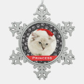 Silver Pet Paw Prints Red Custom Cat Name Foto Schneeflocken Zinn-Ornament (Vorderseite)