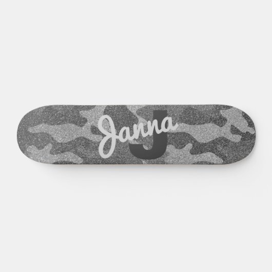 Silver & Pewter Camouflage Glitzer Mit Monogramm Skateboard (Horizontal)