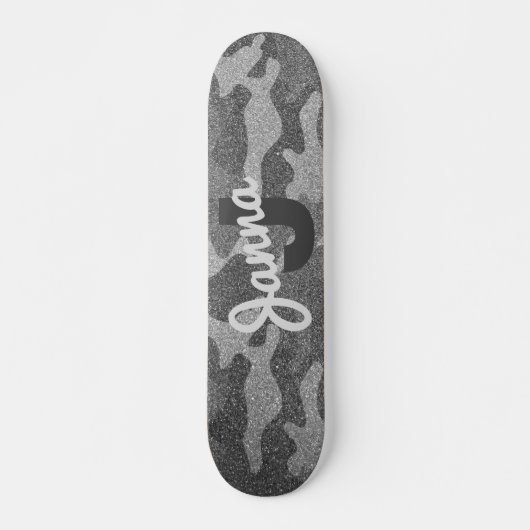Silver & Pewter Camouflage Glitzer Mit Monogramm Skateboard (Vorne)