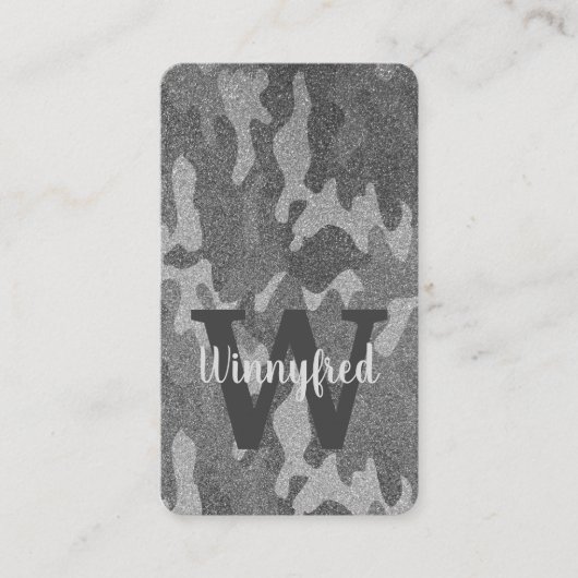 Silver & Pewter Camouflage Glitzer Mit Monogramm Visitenkarte (Vorderseite)