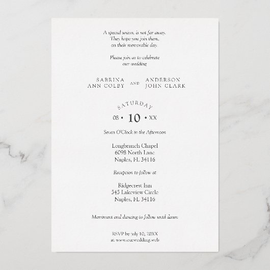 Silver Photo Whimsical Our Wedding Script Real Folieneinladung (Rückseite)