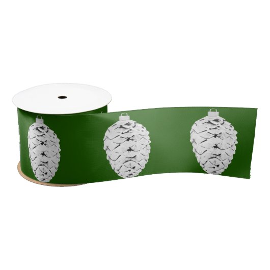 Silver Pinecone Green Ribbon Satinband (Spule)