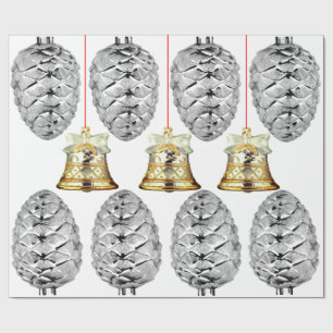 Silver Pinecones and Bells Wrapping Paper Geschenkpapier