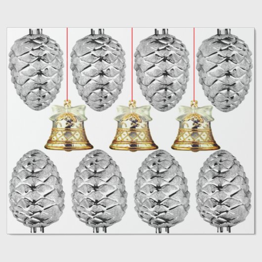 Silver Pinecones and Bells Wrapping Paper Geschenkpapier (Flach)