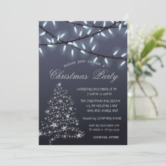 Silver PineTree,String Lights Christmas Party Einladung (Stehend Vorderseite)