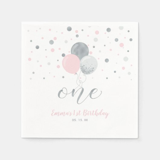Silver & Pink Balloons, Confetti Girl 1. Geburtsta Serviette (Vorderseite)