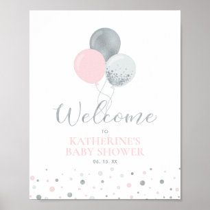 Silver & Pink Balloons Girl Baby Dusche Willkomm Poster