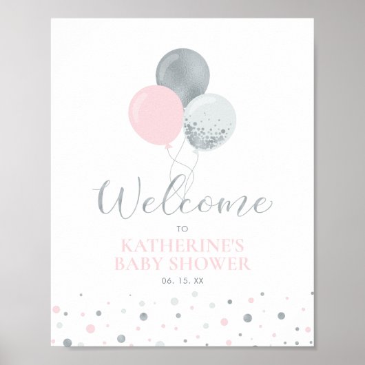 Silver & Pink Balloons | Girl Baby Dusche Willkomm Poster (Vorne)