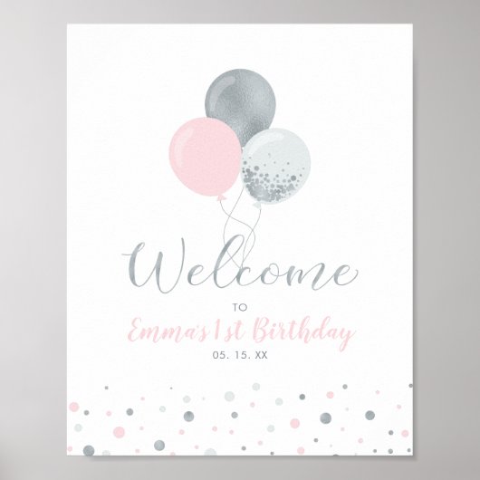 Silver & Pink Balloons | Mädchen 1. Geburtstag Wil Poster (Vorne)