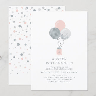 Silver & Pink Balloons Moderne 18. Geburtstagspart Einladung