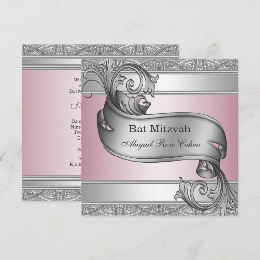 Silver Pink Bat Mitzvah Einladung (Vorne/Hinten)