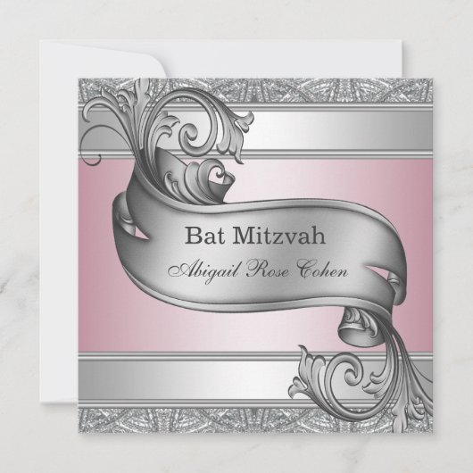 Silver Pink Bat Mitzvah Einladung (Vorderseite)