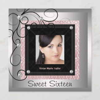 Silver Pink Black Damask Foto Sweet 16 Party Einladung