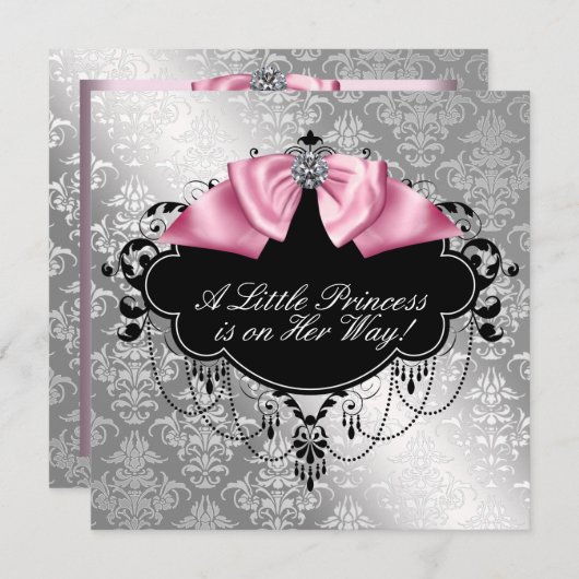 Silver Pink Black Princess Baby Girl Dusche Einladung (Vorne/Hinten)