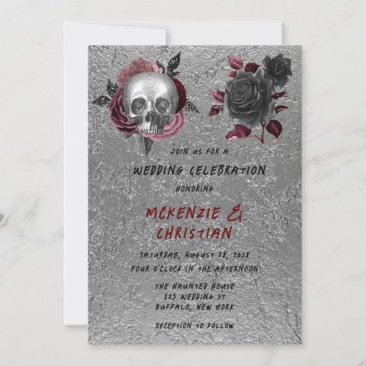 Silver Pink Black Skull Head Halloween Hochzeit Einladung (Vorderseite)