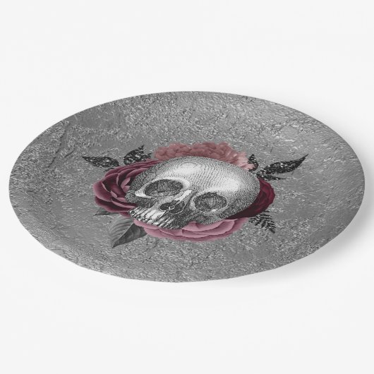 Silver Pink Black Skull Head Hochzeit Pappteller (Schrägansicht)