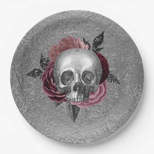 Silver Pink Black Skull Head Hochzeit Pappteller (Vorderseite)