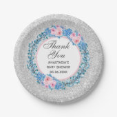 Silver Pink Blue Floral Rose Danke Baby Dusche Pappteller (Vorderseite)