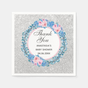 Silver Pink Blue Floral Rose Danke Baby Dusche Serviette