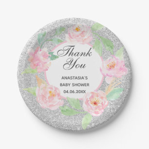 Silver & Pink Blumenstrauß Danke Baby Dusche Pappteller