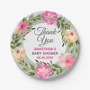 Silver & Pink Blumenstrauß Danke Baby Dusche Pappteller