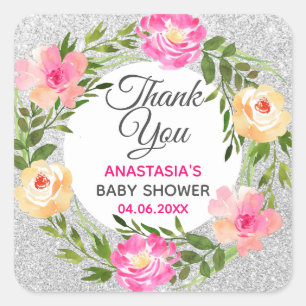 Silver & Pink Blumenstrauß Danke Baby Dusche Quadratischer Aufkleber