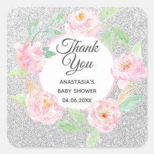 Silver & Pink Blumenstrauß Danke Baby Dusche Quadratischer Aufkleber