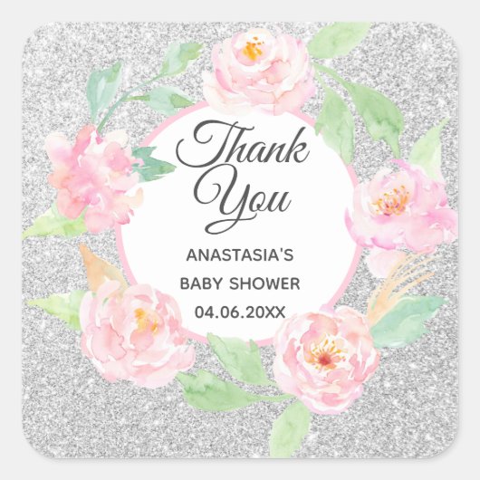 Silver & Pink Blumenstrauß Danke Baby Dusche Quadratischer Aufkleber (Vorderseite)