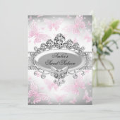 Silver & Pink Butterfly 16 . Geburtstag Einladung (Stehend Vorderseite)
