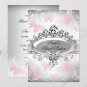 Silver & Pink Butterfly 16 . Geburtstag Einladung (Vorne/Hinten)