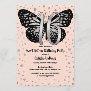 Silver Pink Butterfly Glitzer Confetti Sweet 16 Einladung