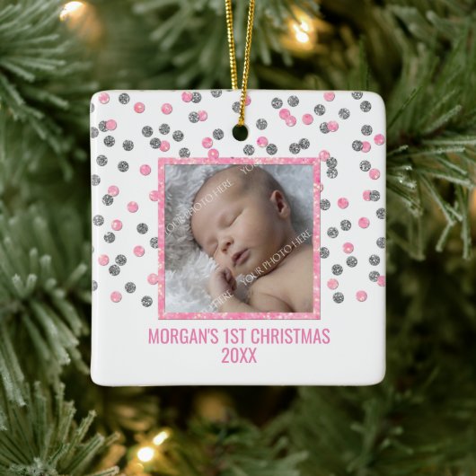 Silver Pink Confetti Baby's First Christmas Foto Keramikornament (Baum)