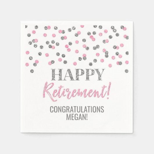 Silver Pink Confetti Happy Retirement Serviette (Vorderseite)
