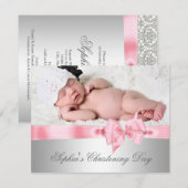 Silver Pink Damask Bow Girl Foto Christening Einladung (Vorne/Hinten)