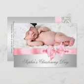 Silver Pink Damask Bow Girl Foto Christening Einladung (Vorne/Hinten)