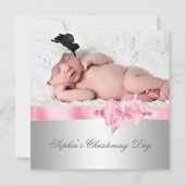Silver Pink Damask Bow Girl Foto Christening Einladung (Vorderseite)