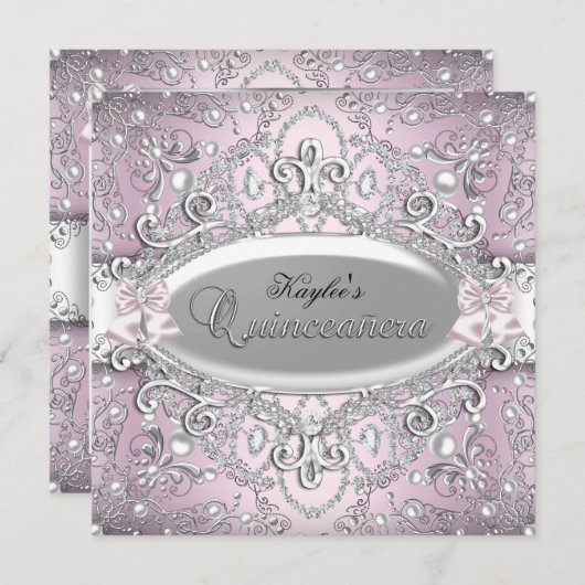 Silver & Pink Damask Pearl Quinceanera Einladung (Vorne/Hinten)