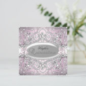 Silver & Pink Damask Pearl Quinceanera Einladung (Stehend Vorderseite)