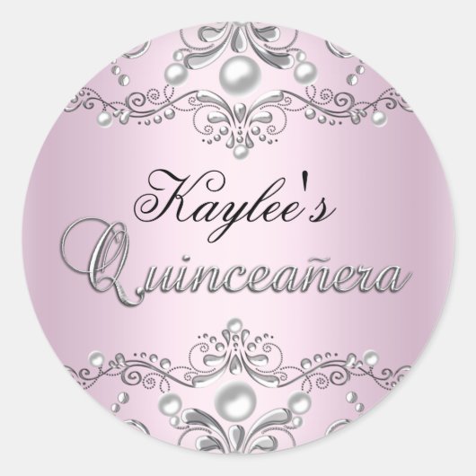 Silver & Pink Damask Pearl Quinceanera Sticker (Vorderseite)