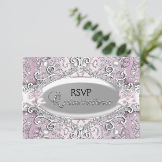Silver & Pink Damask Pearl Quinceanera UAWG Einladung (Stehend Vorderseite)