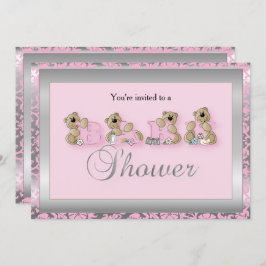 Silver & Pink Damask Teddy Bears | Babyparty Einladung