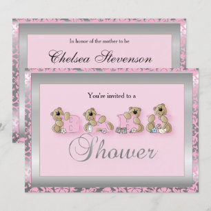 Silver & Pink Damask Teddy Bears   Babyparty Einladung