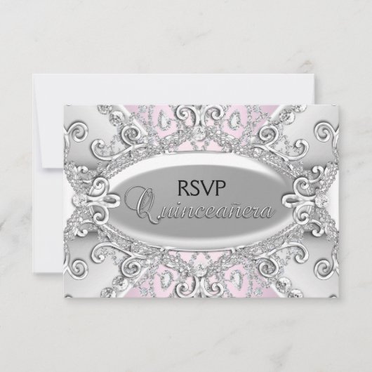 Silver & Pink Diamond Damask Quinceanera UAWG RSVP Karte (Vorderseite)