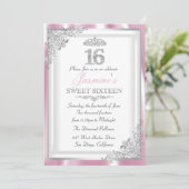 Silver Pink Diamond Damask & Tiara Sweet 16 Einlad Einladung (Stehend Vorderseite)