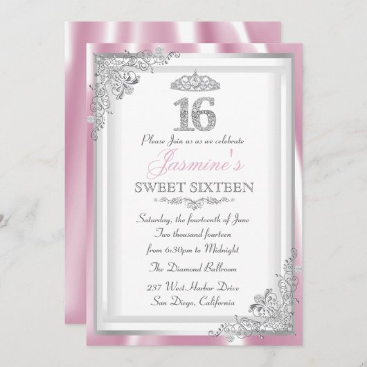 Silver Pink Diamond Damask & Tiara Sweet 16 Einlad Einladung (Vorne/Hinten)