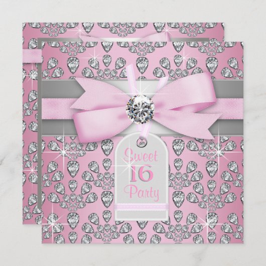 Silver Pink Diamond Pink & Gray Sweet 16 Geburtsta Einladung (Vorne/Hinten)