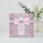 Silver Pink Diamond Pink & Gray Sweet 16 Geburtsta Einladung (Stehend Vorderseite)