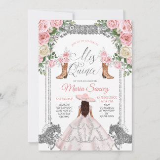 Silver & Pink Floral Charra Quinceanera Geburtstag Einladung