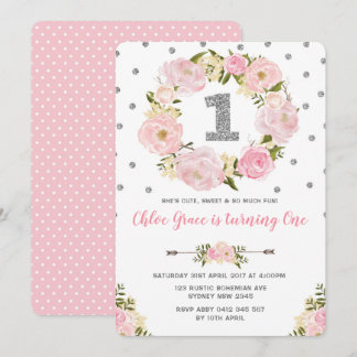 Silver Pink Floral Erster Geburtstag Party Einladu Einladung